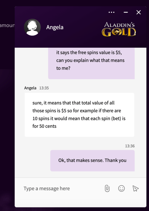 Aladdin's Gold Casino Support Chat 2