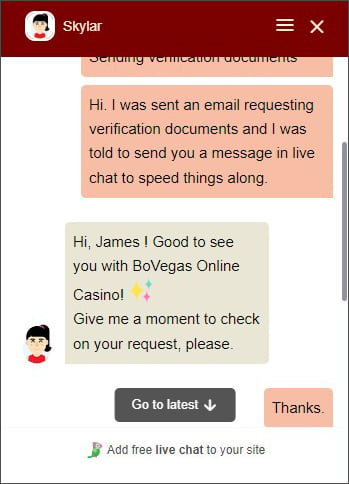 BoVegas Casino Customer Support Verification 1