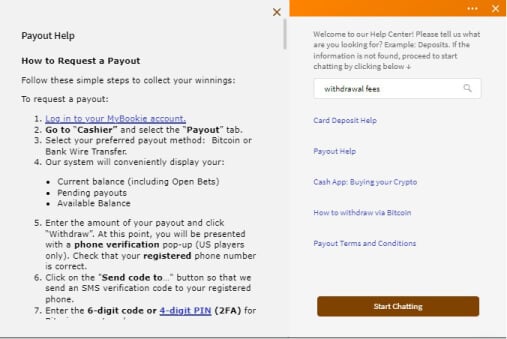 MyBookie Casino Customer Service screenshot 