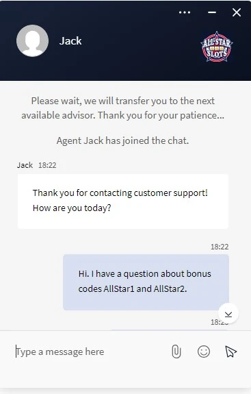 All-start casino James testing customer support screenshot 1