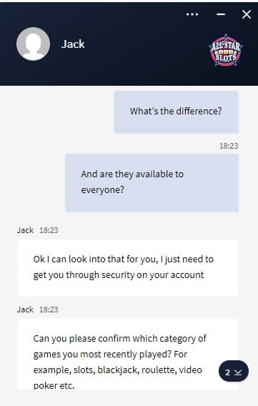 All-start casino James testing customer support screenshot 2