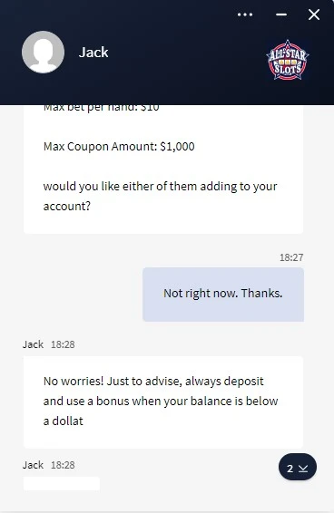 All-start casino James testing customer support screenshot 6