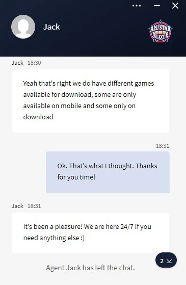 All-start casino James testing customer support screenshot 9