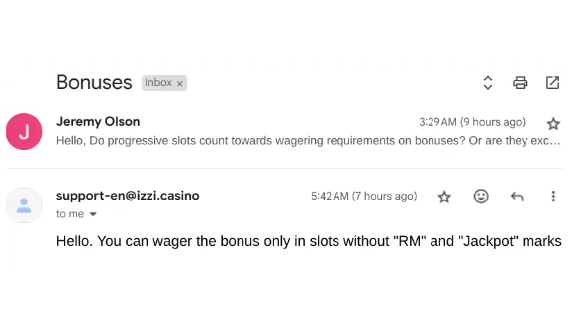 izzi casino email response