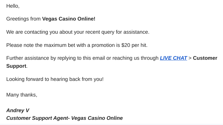 Vegas casino online customer support email reply